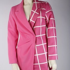 DOUBLE CRAZY Pink Checkered One Side Button Long Blazer